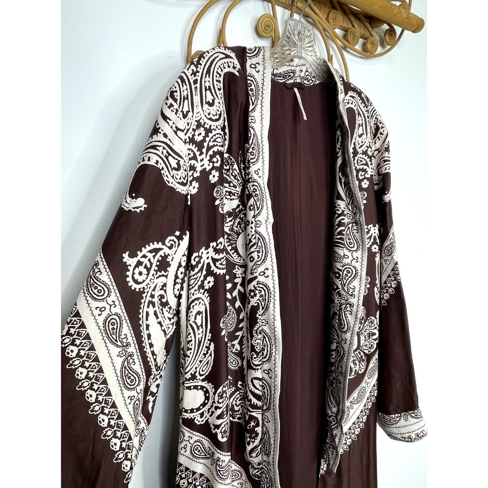 Free People Brown Bandana Printed Longline Satin Topper Cardigan - Picture 4 of 8